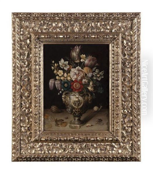 Memento Mori Au Bouquet De Tulipes, Insectes, Coquillages Et Pieces De Monnaies Oil Painting by Georg Flegel