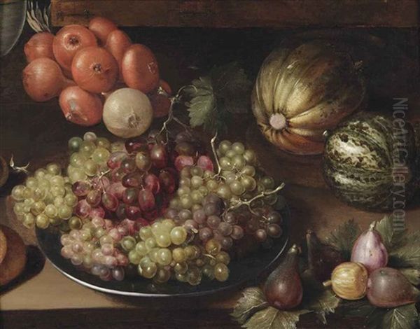 White And Red Grapes On A Pewter Plate, A String Of Onions, Two Melons And Figs, All On A Wooden Table Oil Painting by Georg Flegel