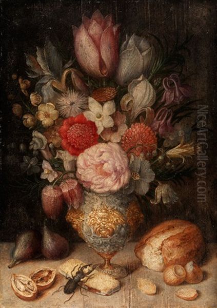 Grosser Blumenstrauss In Prunkvase Zwischen Broten, Nussen Und Feigen Mit Einem Hirschkafer Oil Painting by Georg Flegel