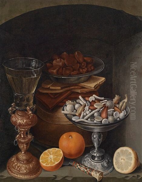 Stillleben Mit Einem Weinglas, Orangen, Einem Teller Mit Pilzen Und Einer Silbernen Schale Mit Zuckerzeug Oil Painting by Georg Flegel