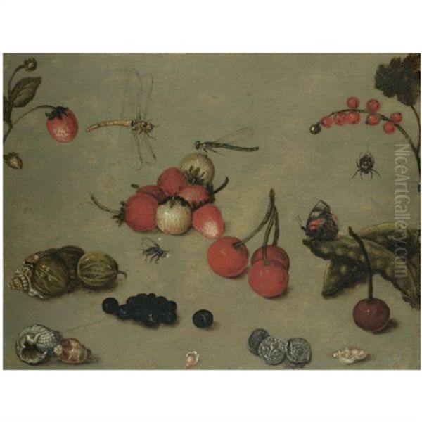 A Still Life With Fraises De Bois, Sea-shells, Coins, Cherries, Dragonflies And Other Insects Oil Painting by Georg Flegel