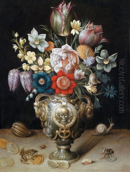 Blumenstraus In Einer Plastisch Verzierten Prunkvase Mit Frosch, Hummel, Schnecke, Maikafer Und Alten Munzen Oil Painting by Georg Flegel