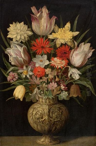 Blumenstrauss In Einer Metallvase Mit Ornamenten Oil Painting by Georg Flegel