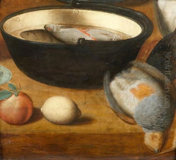 Stilleben Mit Fruchten, Einer Taube Und Fischen In Einem Holztrog Oil Painting by Georg Flegel