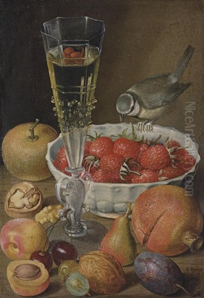 A Facon De Venise, A Bowl Of Strawberries, A Blue Tit, A Pomegranate, Cherries, Other Fruits And Walnuts On A Table by Georg Flegel