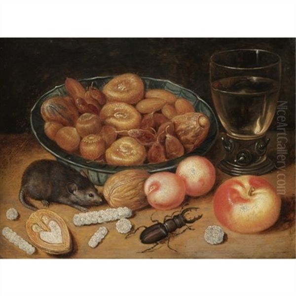 Still Life Of Chestnuts And Hazelnuts In A Porcelain Bowl, A Roemer, An Apple, Apricots, A Beetle And A Mouse Oil Painting by Georg Flegel