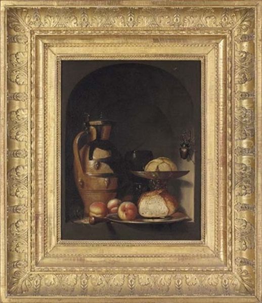 An Earthenware Jug, A Glass Roemer, A Silver Tazza, A Pewter Plate With Bread And Peaches, A Mouse And A Stag-beetle In A Casement Oil Painting by Georg Flegel