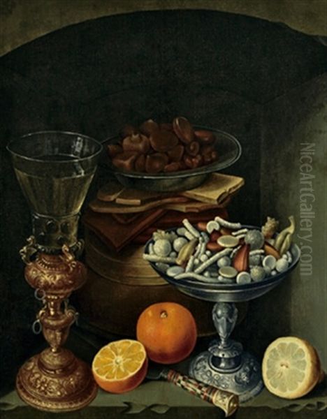 Stilleben Mit Einem Weinglas, Orangen, Einem Teller Mit Pilzen Und Einer Silbernen Schale Mit Zuckerzeug Oil Painting by Georg Flegel