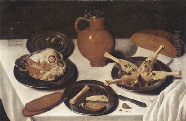 A Still Life With Various Cuts Of Meats On Pewter Plates Together With An Earthenware Flagon, A Glass And A Loaf Of Bread Oil Painting by Georg Flegel