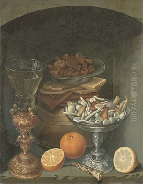 Une Coupe De Friandises, Un Verre De Vin, Des Chataignes Dans Un Plat, Un Couteau Et Des Oranges Dans Une Niche Oil Painting by Georg Flegel