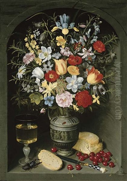 Irises, Tulips, Anemone, Snake's Head Fritillaria, Lilies, Columbine, Narcissus, Carnations, Turk's Cap Lilies, Violets, And Other Flowers In A Pewter Jug With A Glass Goblet Of White Wine Oil Painting by Georg Flegel