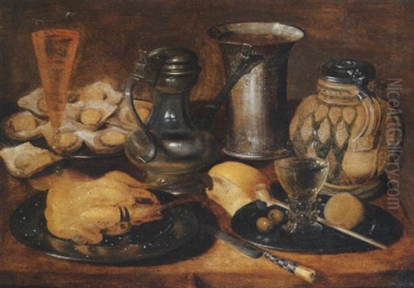 A Roast Pheasant, A Roemer, Olives, A Lemon And A Pipe, Oysters, A Pitcher, A Wineglass, A Knife, A Roll Of Bread, A Tankard And A Flask On A Wooden Table Oil Painting by Georg Flegel