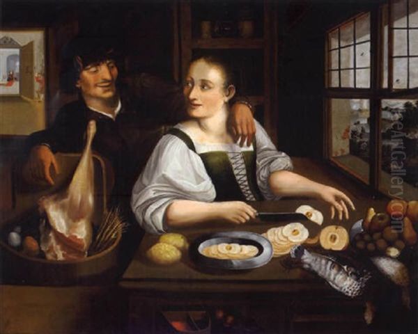 Kuchenstuck Mit Einem Liebespaar Oil Painting by Georg Flegel