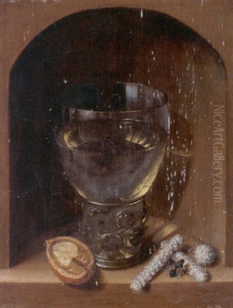 A Roemer, A Walnut And Sugar In A Stone Niche Oil Painting by Georg Flegel