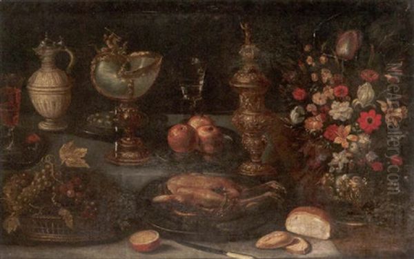 Groses Variastilleben Auf Einem Tisch. Ein Gebratenes Huhn, Ein Bastkorb Mit Trauben Und Eine Vase Oil Painting by Georg Flegel