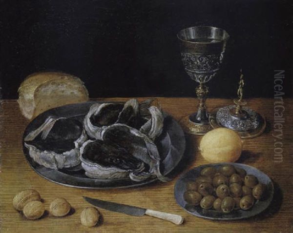 Fruhstucksstilleben Mit Fisch, Einer Zitrone, Oliven Und Einem Deckelpokal Oil Painting by Georg Flegel