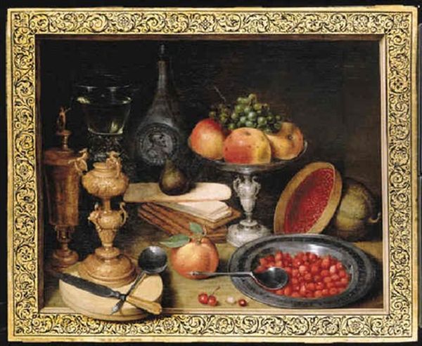 A Silver Tazza With Apples And A Bunch Of Grapes, Strawberries In A Pewter Dish With A Spoon, A Roemer And Other Objects In 
A Trompe L'oeil Frame Oil Painting by Georg Flegel