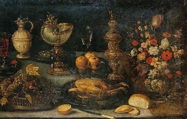 Nature Morte Aux Pieces D'orfevrerie, Panier De Raisin Et Bouquet De Fleurs Oil Painting by Georg Flegel