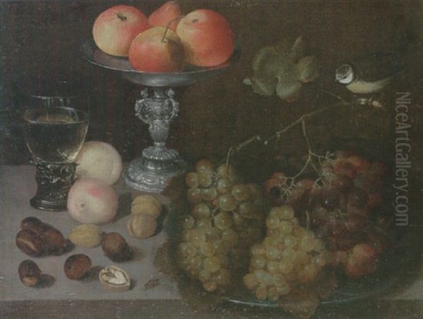 Still Life Of Grapes On A Pewter Dish Together With Peaches, Nuts, A Romer, A Silver Tazza And A Blue Tit Oil Painting by Georg Flegel