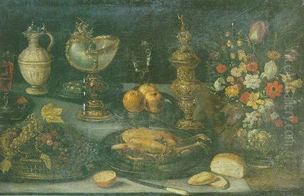 Nature Morte Aux Pieces D'orfevrerie, Panier De Raisins Et Bouquet De Fleurs Oil Painting by Georg Flegel