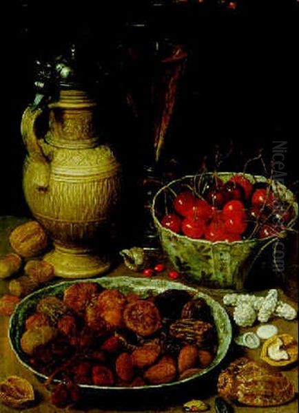 A Still Life Of Dried Fruit And Nuts In A Porcelain Dish, Cherries In Porcelain Bowl, Pitcher And Wineglass On Ledge With Nuts... Oil Painting by Georg Flegel