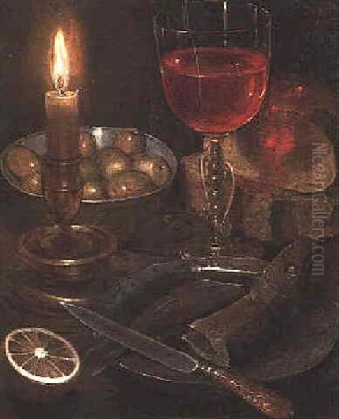 A Still Life Of Olives In A Porcelain Bowl, Bread, Cheese, A Glass Of Red Wine, A Lit Candle, A Fish On A Plate With A Bone Handled Knife And Half A Lemon With A Mouse On A Table Oil Painting by Georg Flegel