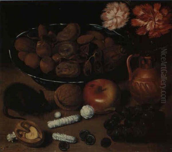 Still Life Flowers, Nuts In A Bowl, An Apple,  And A Mouse On A Table Oil Painting by Georg Flegel