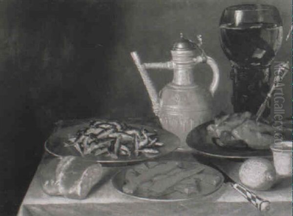 Whitebait, Meat, A Roemer, Pitcher, Bread, Lemon And Knife On A Draped Table Oil Painting by Georg Flegel