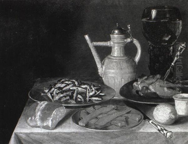 Whitebait, Meats, Dishes, A Lemon And Bread On A Draped Table Oil Painting by Georg Flegel