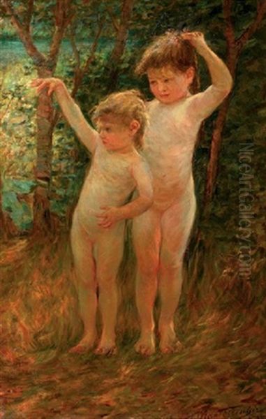 Two Children Oil Painting by Max Fleischer