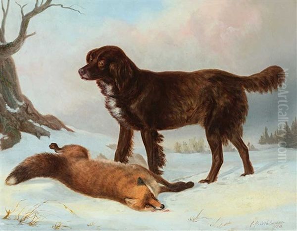 Jagdhund Mit Einem Erlegten Fuchs In Einer Winterlichen Landschaft Oil Painting by Hermann Fleischhauer