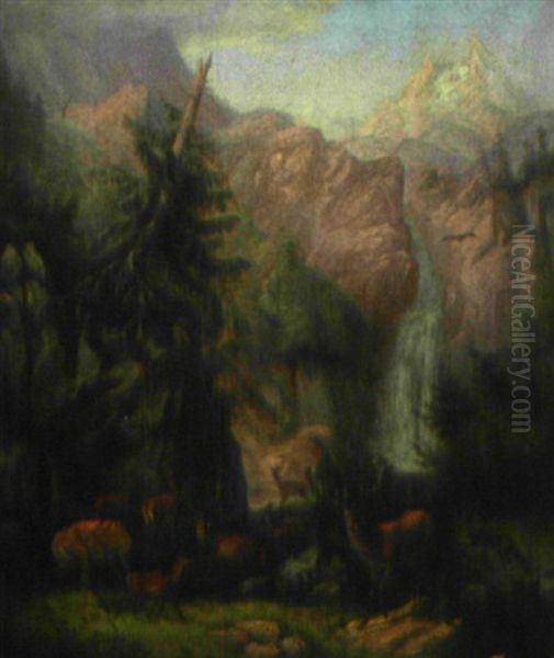 Rotwild Im Hochgebirge Oil Painting by Hermann Fleischhauer