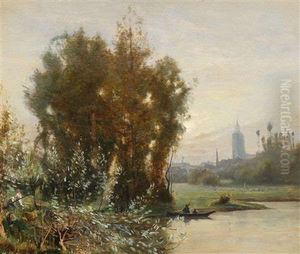 River Landscape With A City In The Background Oil Painting by Camille Flers