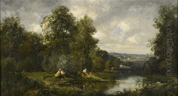 Un Dimanche Au Bord De L'eau 1858 Oil Painting by Camille Flers