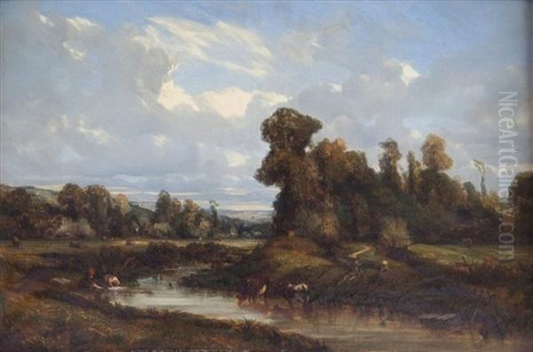 Lavandieres Et Vaches Pres D'une Riviere Oil Painting by Camille Flers