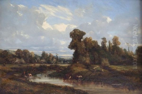 Lavandieres Et Vaches Pres D'une Riviere Oil Painting by Camille Flers