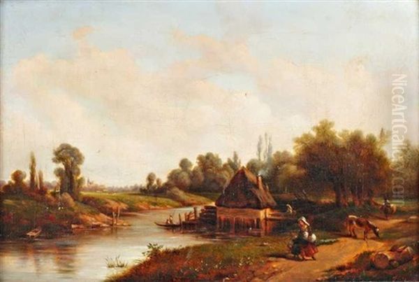 Le Lavoir Pres De La Riviere Oil Painting by Camille Flers