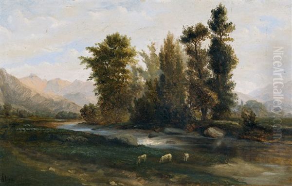 Flusspartie Im Gebirge Mit Weidenden Schafen Oil Painting by Camille Flers