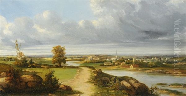 Weite Landschaft Mit Kleiner Stadt Am Fluss Oil Painting by Camille Flers