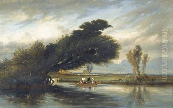 Flussuferpartie Mit Boot Und Figurenstaffage Oil Painting by Camille Flers