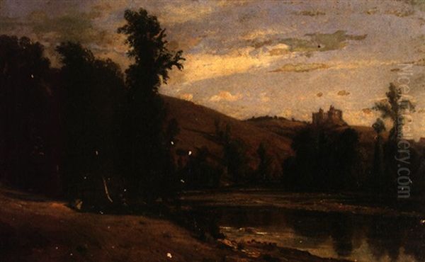 Landschaft Mit Baumbestandenen Weiher Und Burg Auf Einem Hugel Oil Painting by Camille Flers