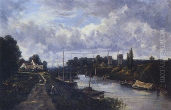 Bord De Riviere Anime Avec Moulins Oil Painting by Camille Flers