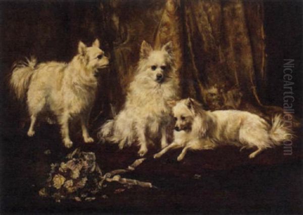 Three Pomeranians In An Elegant Interior Oil Painting by Camille Flers