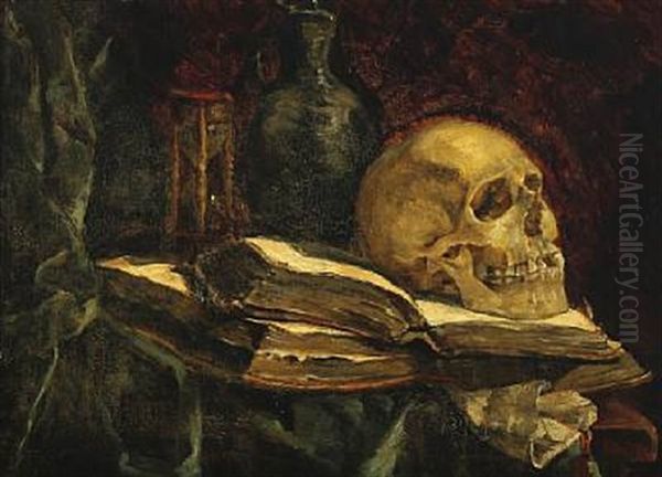 Memento Mori With Cranium And Books Oil Painting by Etha Fles