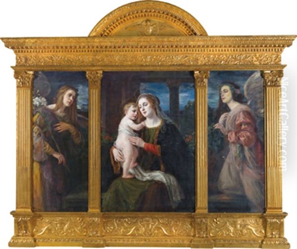 Maria Mit Dem Kinde Von Engeln Angebetet, Triptychon, Mitteltafel Maria Mit Dem Kind, Linke Und Rechte Tafel Anbetende Engel Oil Painting by Luma Von Flesch-Brunningen