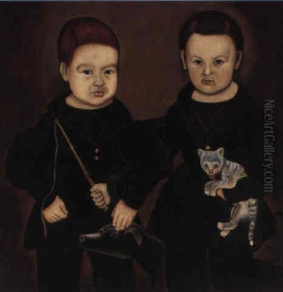 Two Young Boys Wearing Black Jackets With A Dog, Cat And Whip Oil Painting by Aaron Dean Fletcher