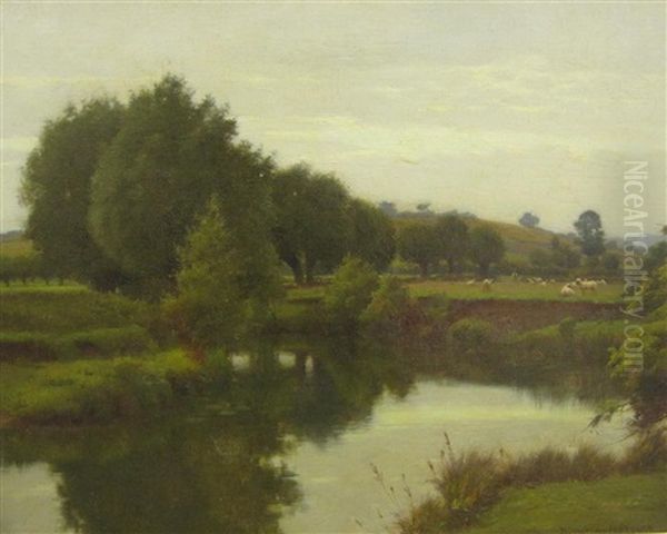 The Old Avon From Nafford, The Malvern Hills In The Distance Oil Painting by Blandford Fletcher