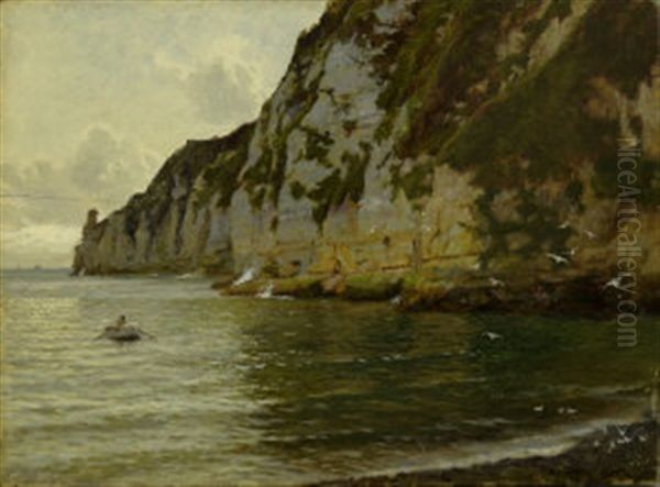 Rocky Coastal Scene With A Figure In A Rowing Boat Oil Painting by Blandford Fletcher