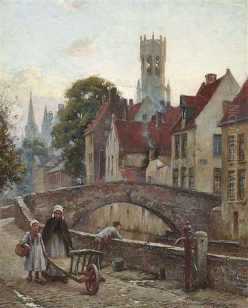 Figures On A Cobbled Street Before A Bridge Oil Painting by Blandford Fletcher