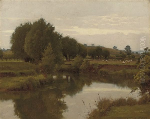 The Old Avon From Nafford, The Malvern Hills In The Distance Oil Painting by Blandford Fletcher